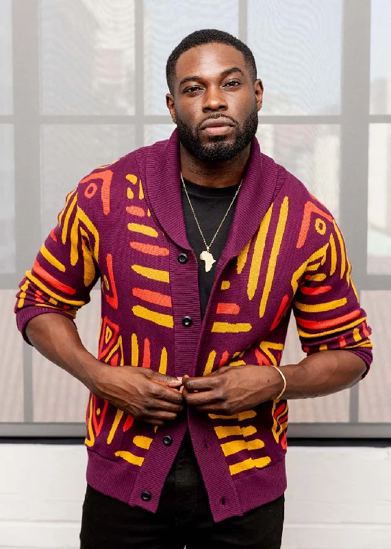 Aren Men's African Print Cardigan Sweater (Plum Gold Tribal)Patchwork cardigan