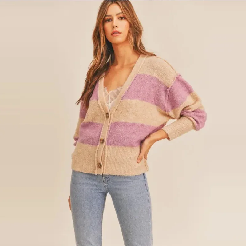 Striped Button Down Cardigan (Beige Lilac)Turtleneck cardigan