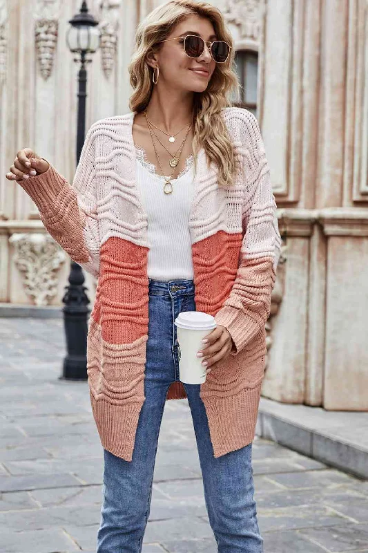 Color Block Openwork Open Front CardiganMesh cardigan