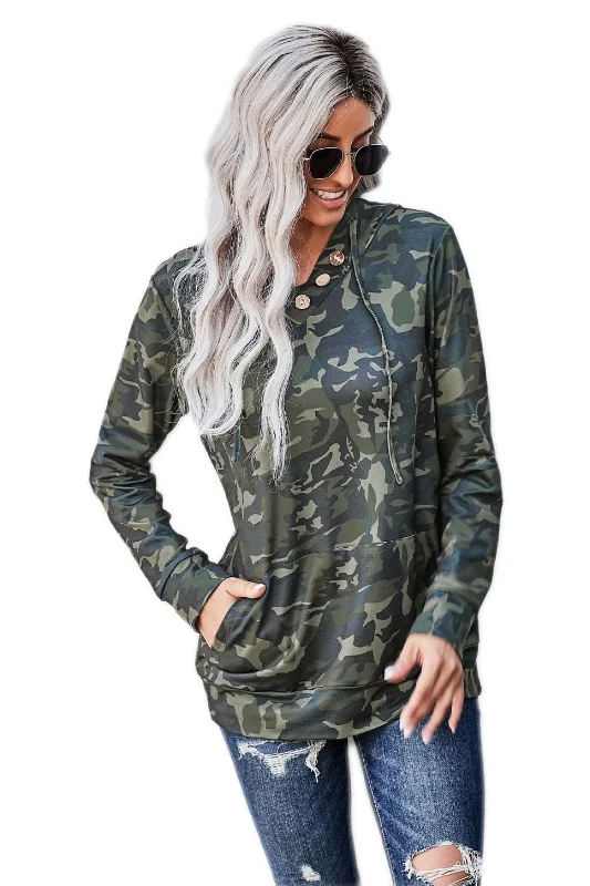 Wool Blend SweatshirtsHoodie w/ Button Detail - Green Camo - Sample Item 50% Off - Final Sale