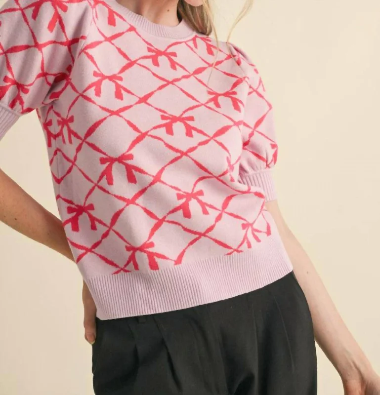 Cashmere Knit TopsShort Sleeve Bow Pattern Sweater In Pink