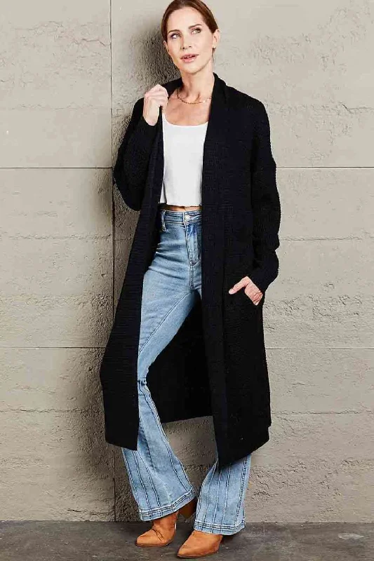 Double Take Waffle Knit Open Front Duster Cardigan With PocketsHooded cardigan