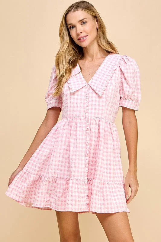 Gingham Peter Pan Collared Puff Sleeves Dress