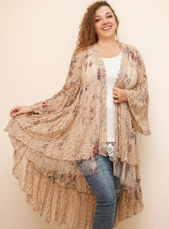 Harmony Taupe Laced Crochet Bohemian CardiganBold cardigan