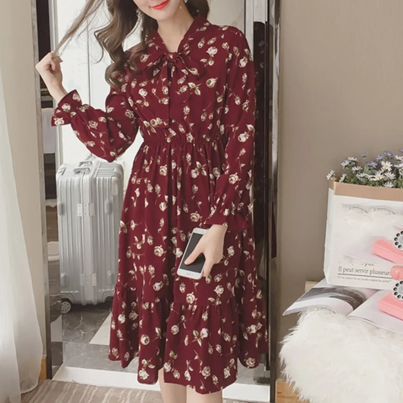 Summer Korean Chiffon Women Dress Elegant Ladies Vintage Long Dress Boho Floral Office Long Sleeve Vestidos Clothing 5LYQ003