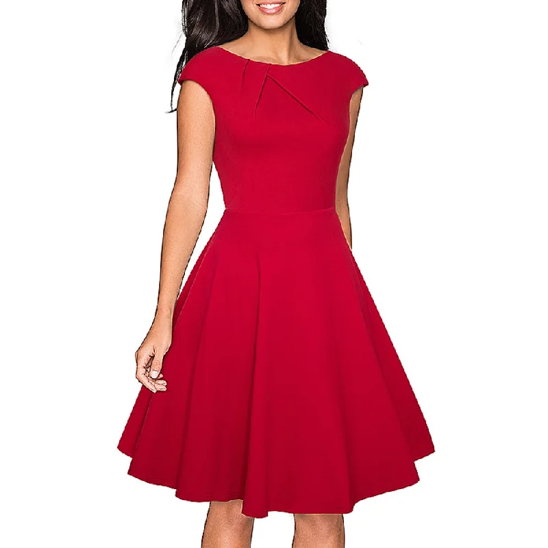 Women Elegant Summer Solid Color Ruched Cap Sleeve Casual Wear To Work Office Party Fitted Skater A-Line Swing Dress EA067