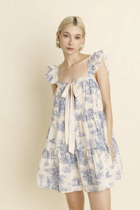 Toile Ruffle Mini Dress W/ Bow