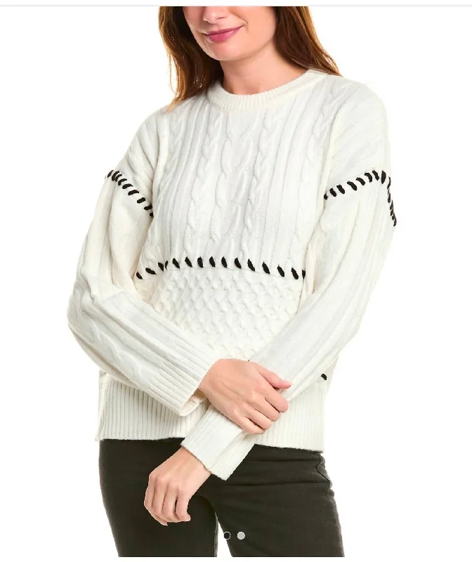 Recycled Fabric Knit TopsWhipstitch Long Sleeve Sweater In White