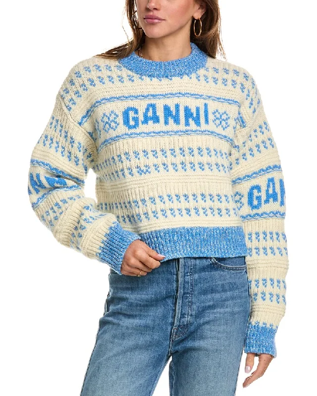 High-Fashion Knit TopsGANNI Graphic Cropped Wool Sweater