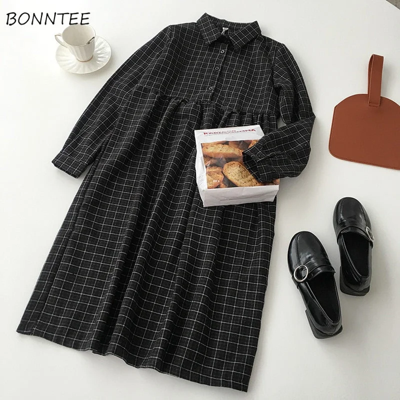 Dress Women Casual A-Line High-quality High Waist Button Plaid Soft All-match Spring Korean Style Comfortable Long Sleeve Lovely