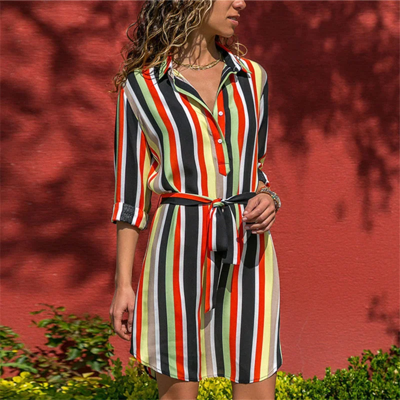 Long Sleeve Shirt Dress 2019 Summer Boho Beach Dresses Women Casual Striped Print A-line Mini Party Dress Vestidos