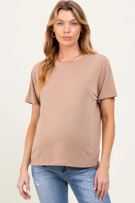 Taupe Basic Round Neck Short Sleeve Maternity T-ShirtRelaxed Fit Short Sleeve TopsRelaxed Fit Short Sleeve Tops