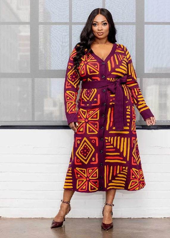 Aisha Women's African Print Cardigan (Plum Gold Tribal)Color-block cardigan