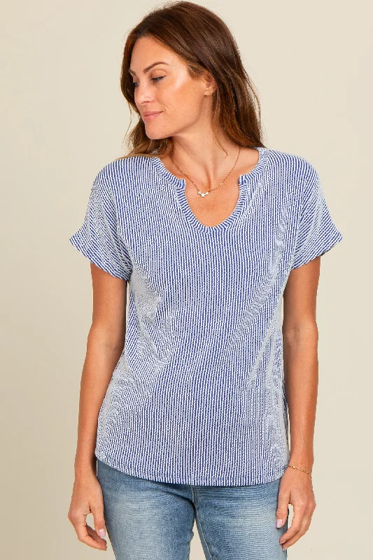 Royal Blue Ribbed Split Neckline Short Sleeve TopOff-Shoulder Short Sleeve TopsOff-Shoulder Short Sleeve Tops