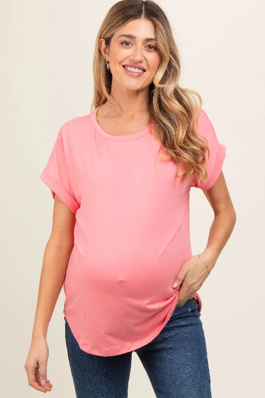 Pink Rolled Cuff Maternity Short Sleeve TopCycling Short Sleeve TopsCycling Short Sleeve Tops