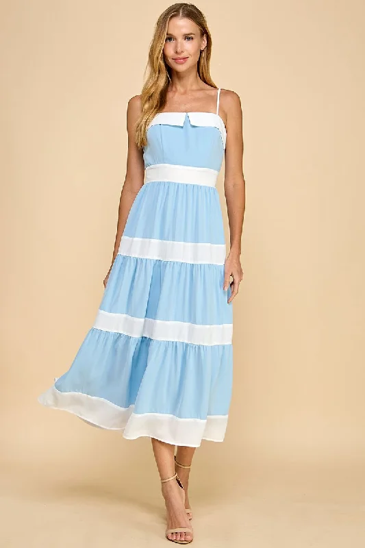 Tiered Midi Dress with Alternating Stripes