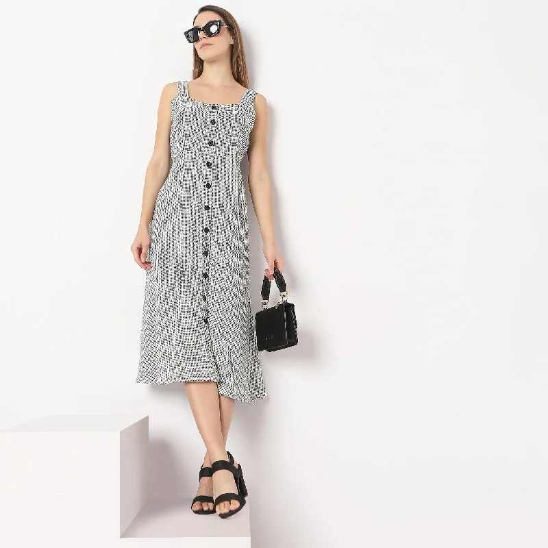 Printed Calf Length Square Neck A line Sleeveless Dress