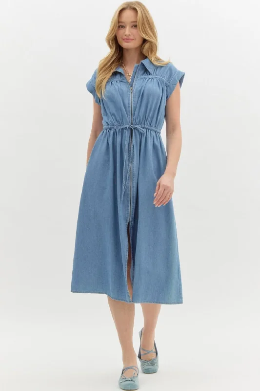 Denim Cap Sleeve Midi Dress