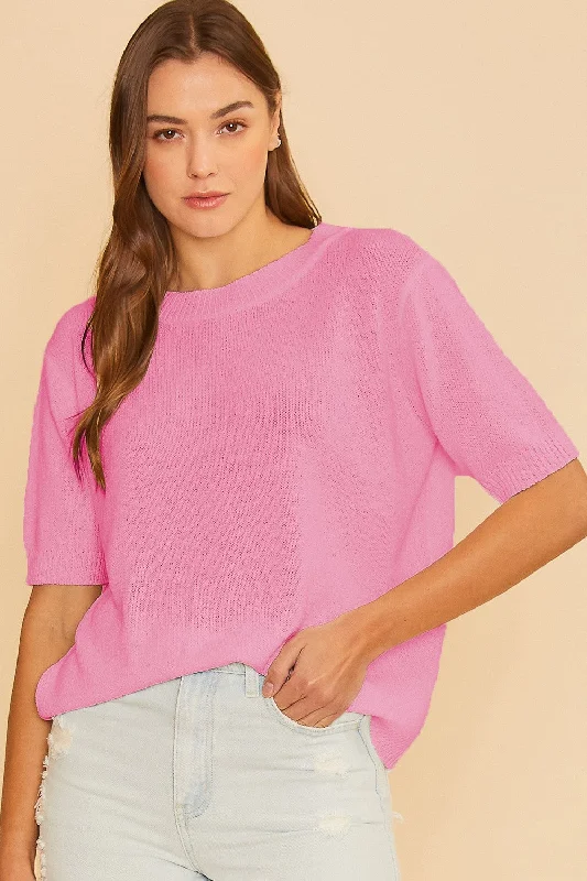 Pink Knit Short Sleeve TopMinimalist Short Sleeve TopsMinimalist Short Sleeve Tops