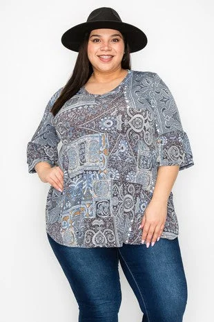 Blue Black Medallion Shirt Top Casual Yet Dressy