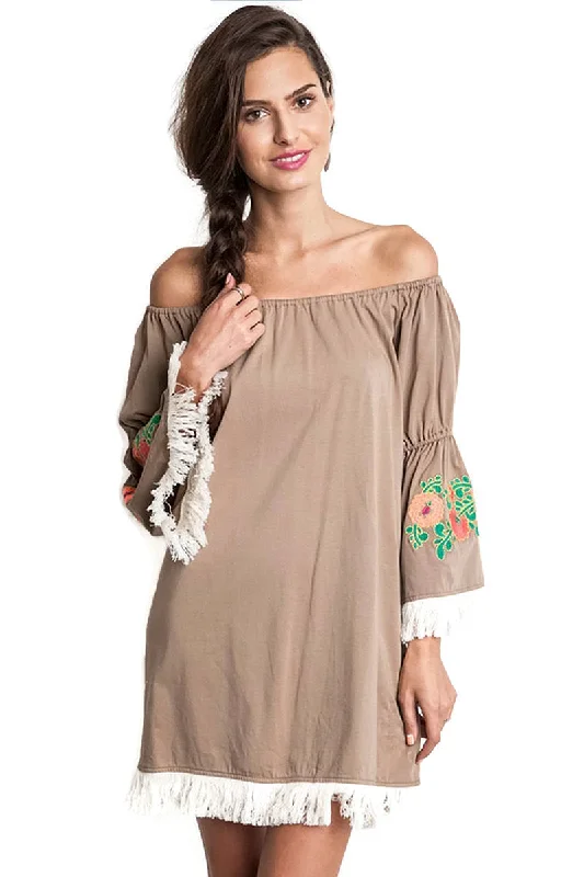 Embroidered Off the Shoulder Dress, Mocha