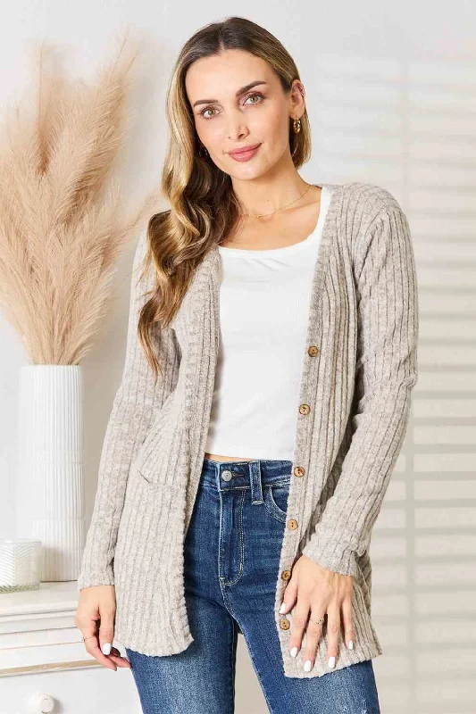 Double Take Ribbed Button-Up Cardigan with PocketsSequined cardigan