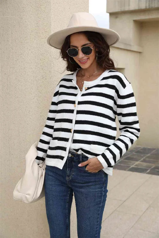 Striped Round Neck Button-Down Dropped Shoulder CardiganFleece cardigan