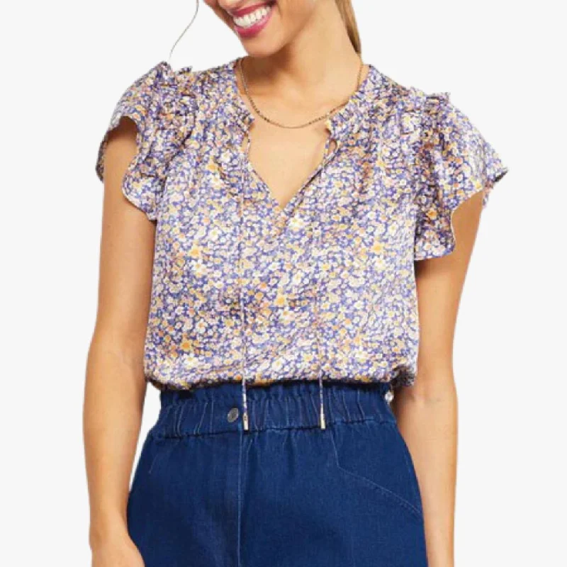 Short Sleeve Satin Printed Split Neck Top (Indigo)Thermal Short Sleeve TopsThermal Short Sleeve Tops