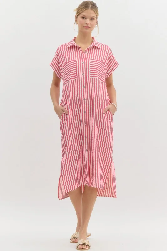 Striped Off Shoulder Midi Shirt Dress