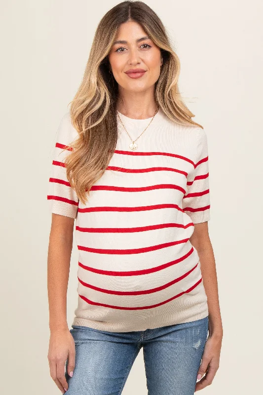 Red Striped Knit Maternity Short Sleeve TopLounge Short Sleeve TopsLounge Short Sleeve Tops