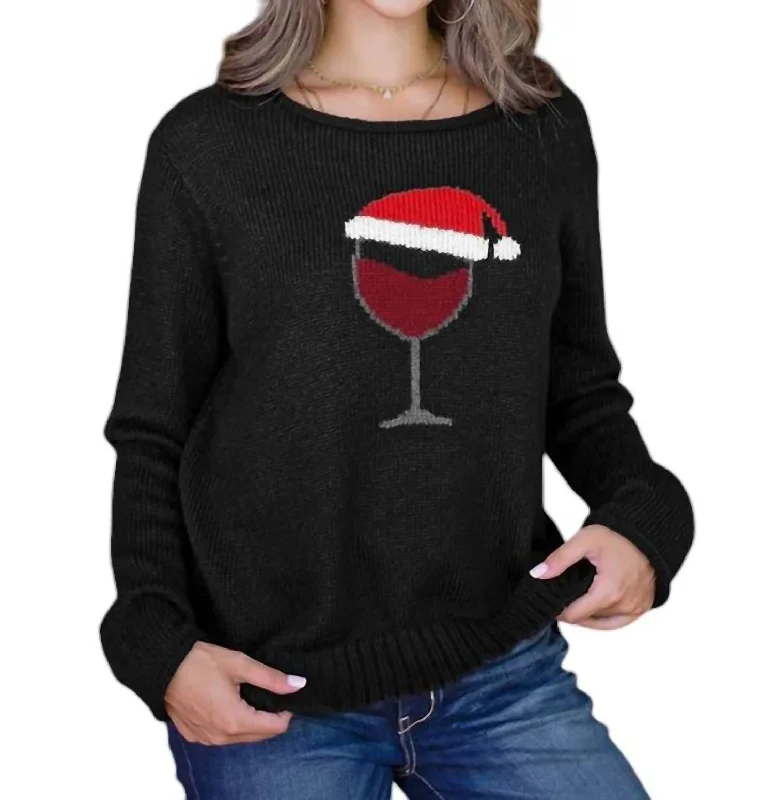 Hooded Knit TopsSanta Wine Lightweight Crew Sweater In Black