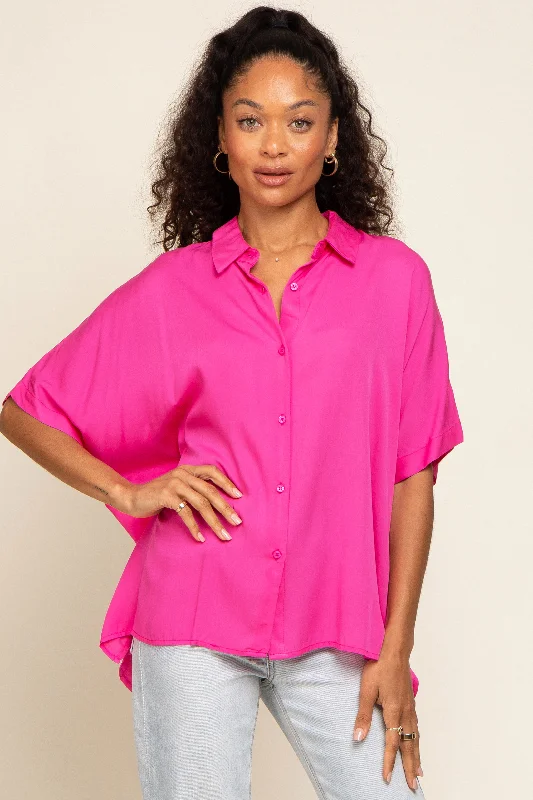 Fuchsia Button Up Dolman Short Sleeve TopCotton Short Sleeve TopsCotton Short Sleeve Tops