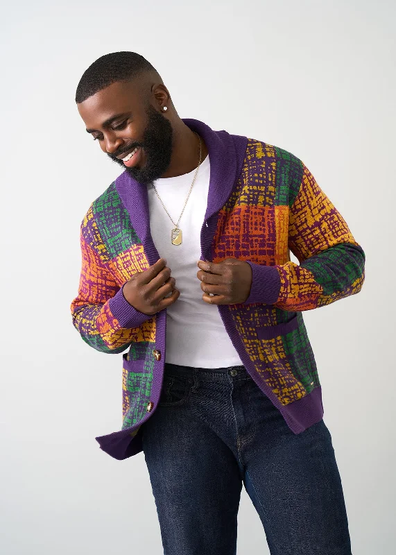 Aren Men's African Print Cardigan Sweater (Harvest Plaid Adire)Printed cardigan