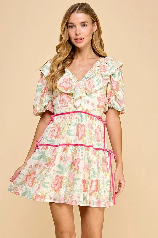 Floral Print V Neck Ruffle Detail Dress