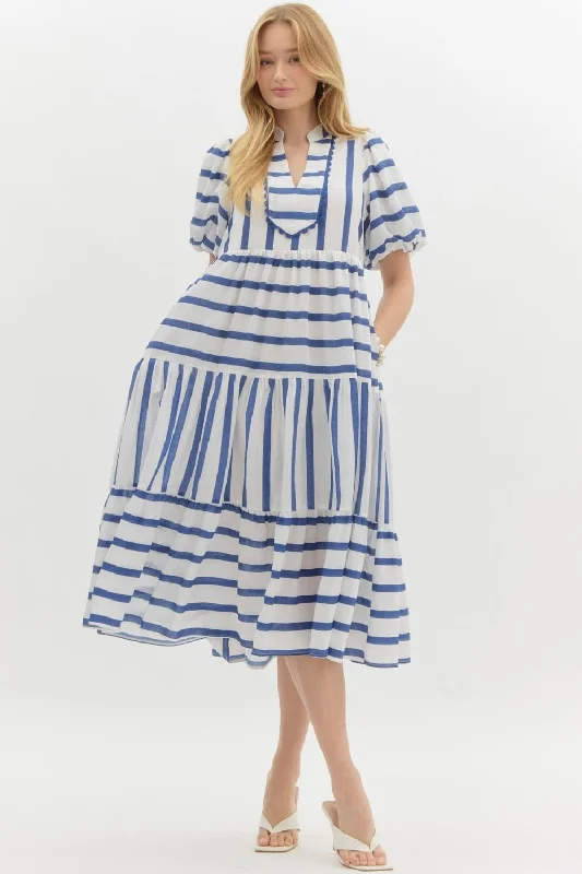 Striped Short Bubble Sleeve Pullover Dress