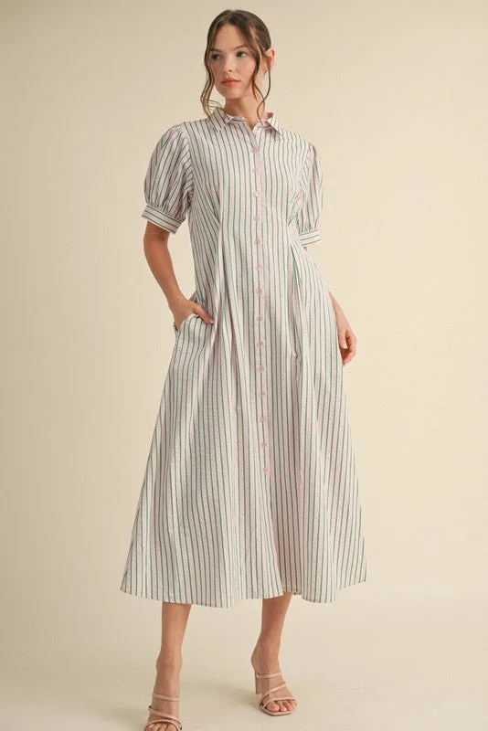 Striped Pint-tuck Flare Midi Dress