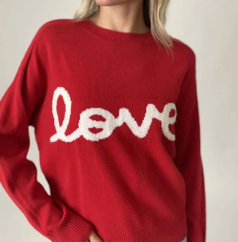 Ribbed Cuff Knit TopsLove Graphic Sweater In Red