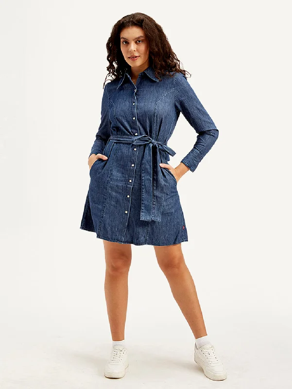 Women's Solid Navy Spread Collar Dress