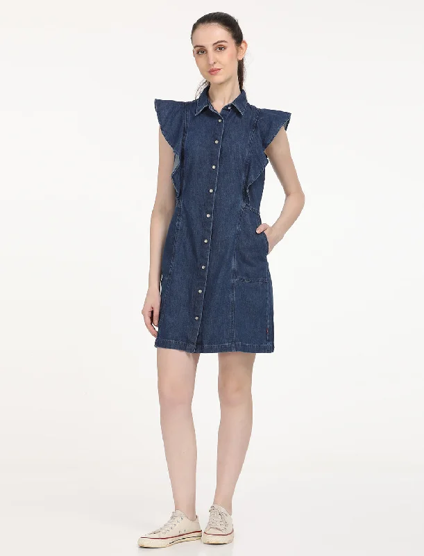 Women's Solid Blue Spread Collar Dress