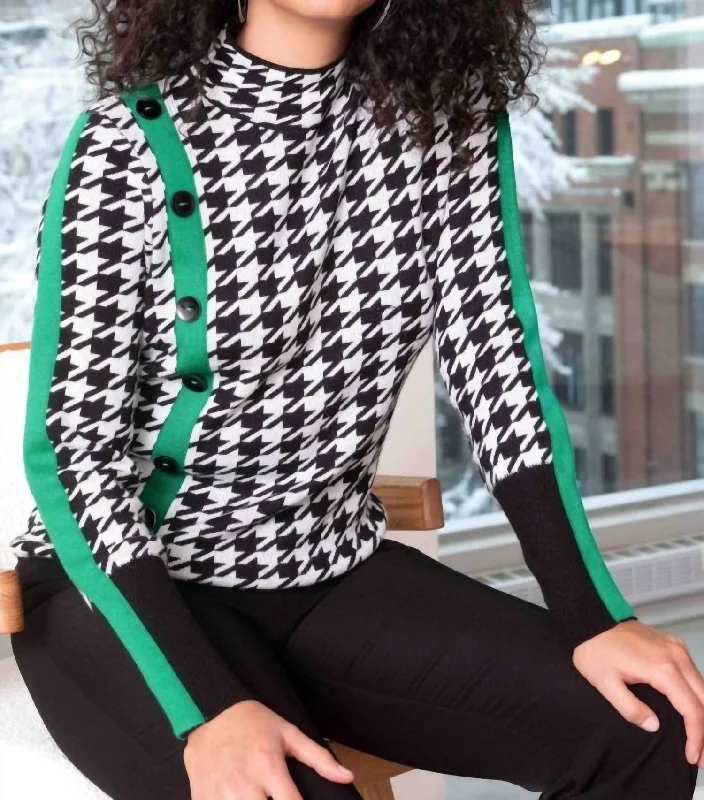 Work Knit TopsHoundstooth Sweater In Black, White And Green