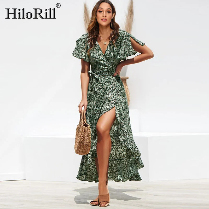 Summer Beach Maxi Dress Women Floral Print Boho Long Chiffon Dress Ruffles Wrap Casual V-Neck Split Sexy Party Dress Robe Femme