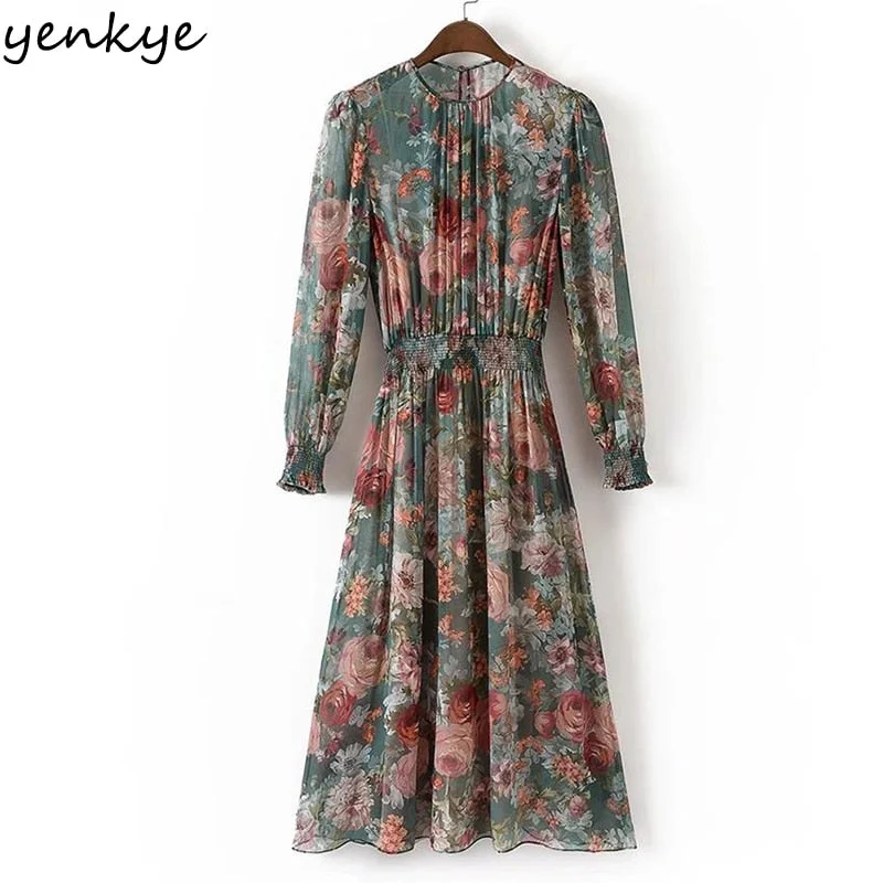 Autumn Women Vintage Printed Dress Long Sleeve O Neck 2pcs Casual Chiffon Dress European Style Elastic Waist A-line Long Dress