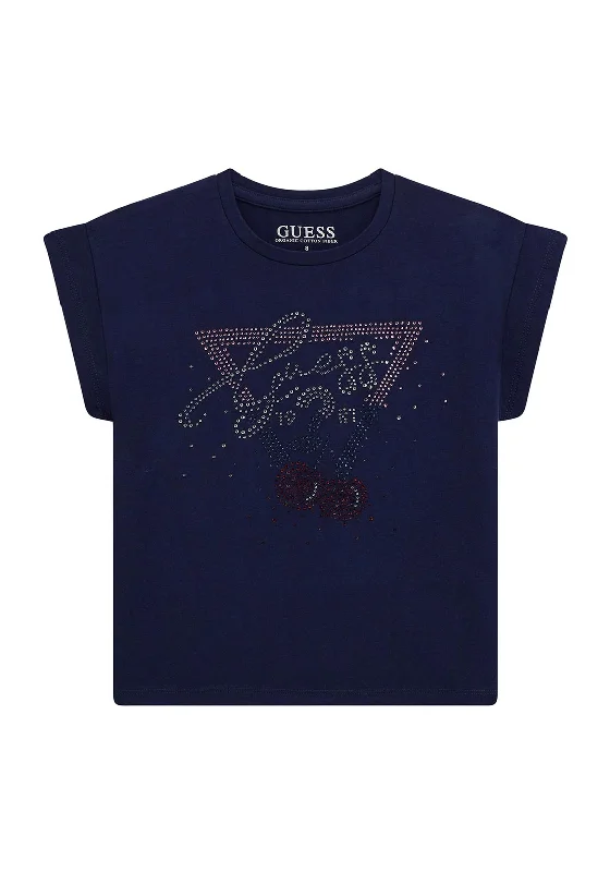 Guess Older Girl Mid Rhinestone Short Sleeve Tee, NavyHemp Short Sleeve TopsHemp Short Sleeve Tops