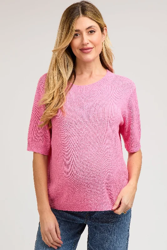 Pink Knit Short Sleeve Maternity TopCompression Short Sleeve TopsCompression Short Sleeve Tops