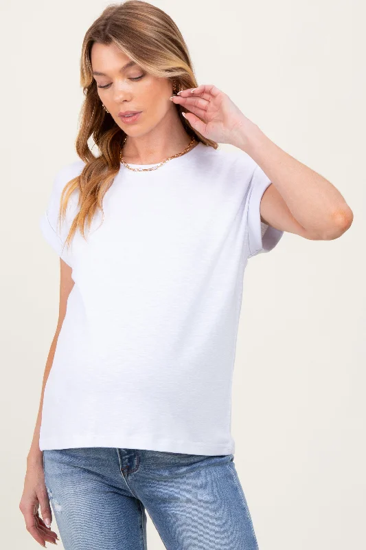 White Rolled Short Sleeve Maternity TeeV-Neck Short Sleeve TopsV-Neck Short Sleeve Tops