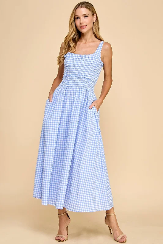 Gingham Smocked Bodice Midi Dress