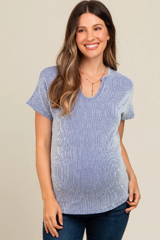 Royal Blue Ribbed Split Neckline Maternity Short Sleeve TopMesh Short Sleeve TopsMesh Short Sleeve Tops