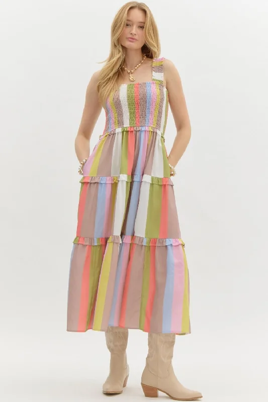 Multicolor Striped Tier Midi Dress