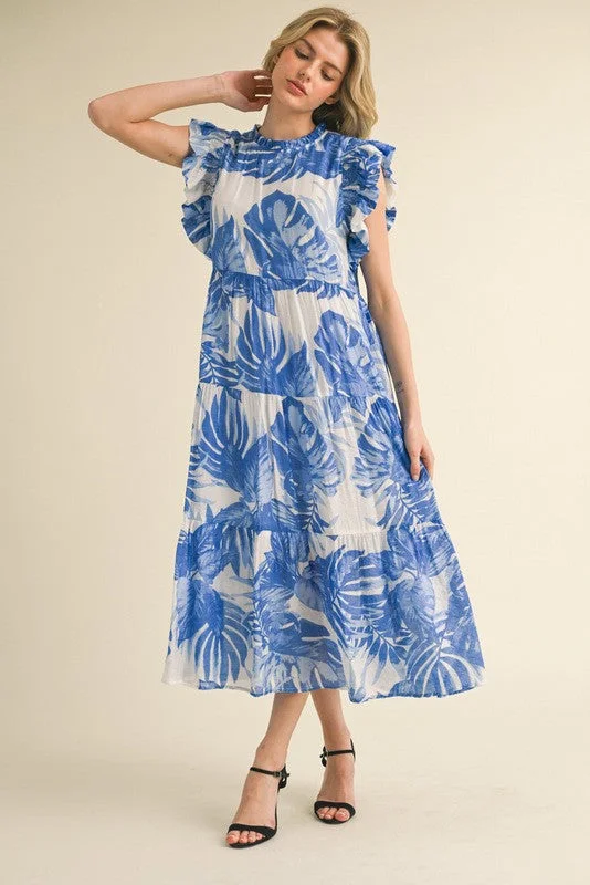 Tropical Leaf Tiered Layer Midi Dress