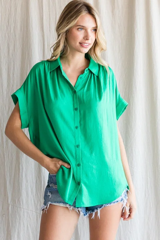 Green Satin Button Front Collared Short Sleeve TopEmbroidered Short Sleeve TopsEmbroidered Short Sleeve Tops